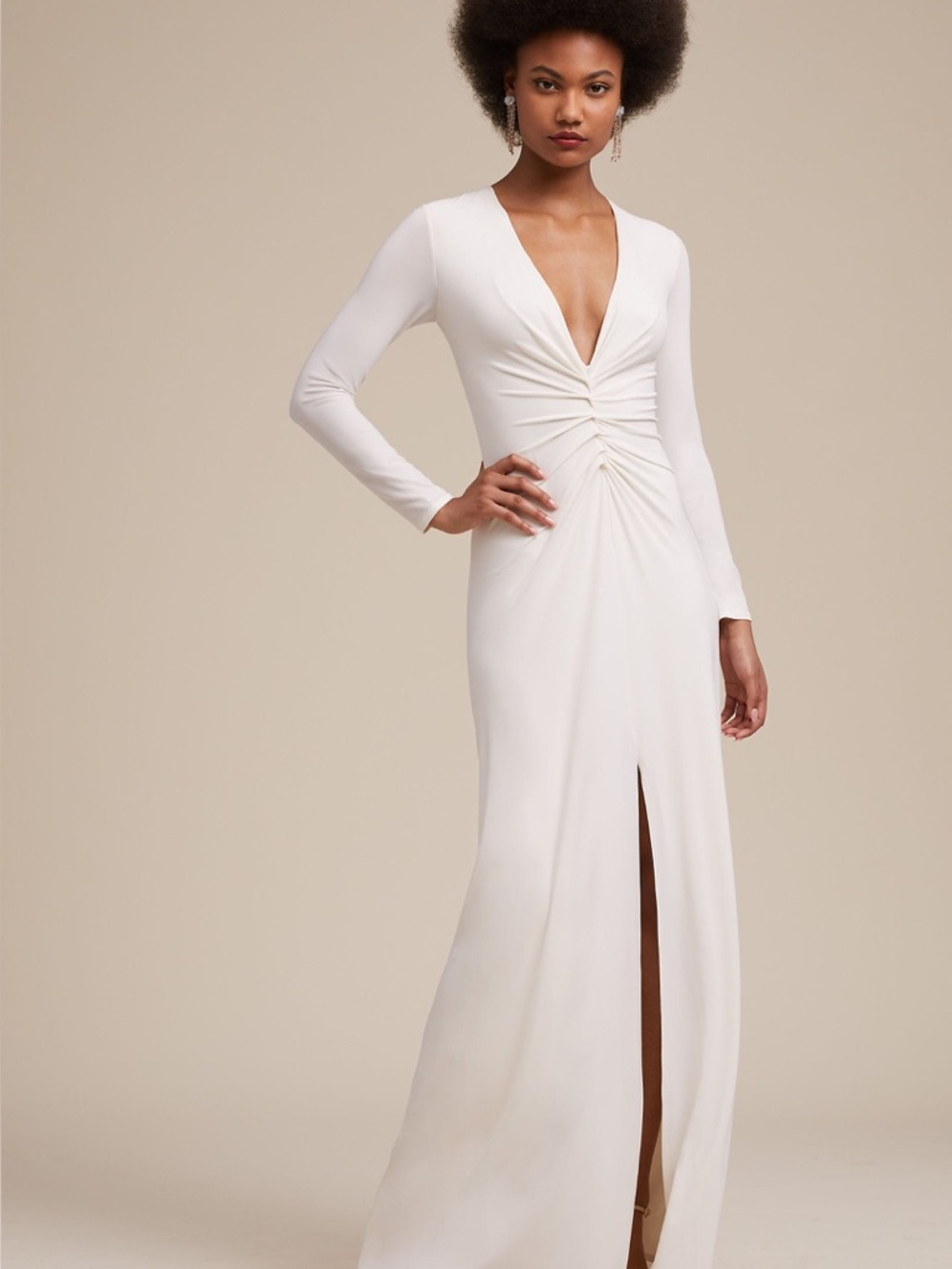 NWT Halston Long Sleeve Ruched Jersey Gown (Ivory, Medium)